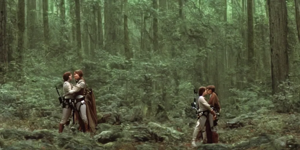 Image similar to luke skywalker, princess leia and han solo hugging and kissing in the forest of endor at the end of return of the jedi