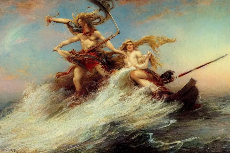 Prompt: painting of a mythical hero crossing the ocean on a small boat fighting a humanoid personification of a wave. a personification of the moon overlooks the fight. art by gaston bussiere.