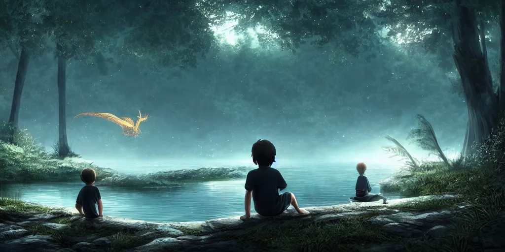 Image similar to a big silver dragon and a boy sitting next to lake in forest, many fireflys, at night, concept art, dof, cryengine, digital art, detailed background, makoto shinkai