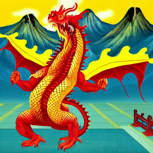 Image similar to Chinese president, bananas, dragon, fight, flaming mountain, fighting stance, painting