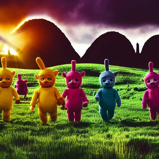 Image similar to a field of sinister teletubbies, film still, moody lighting, cinematic shot, vaporwave, dark and creepy, teletubbies in a field of flowers, the sun is a baby smiling sinisterly, 4 k, 8 k, masterpiece photo, award winning photography