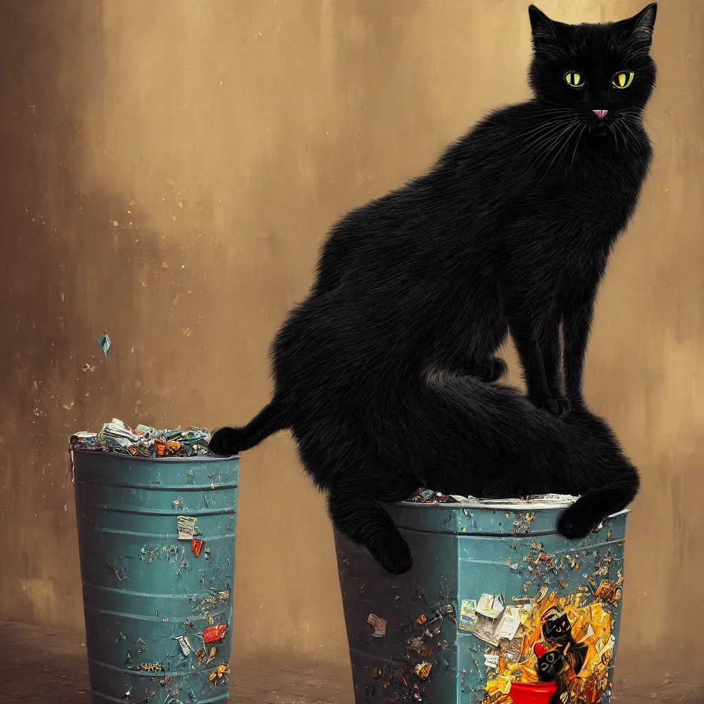 Prompt: a beautiful and highly detailed painting of a black cat on a trash can in kowloon city by Iwan Baan, Cyril Rolando, David Friedrich, Martin Johnson Heade and Lee Madgwick hyperreal 4k artstation