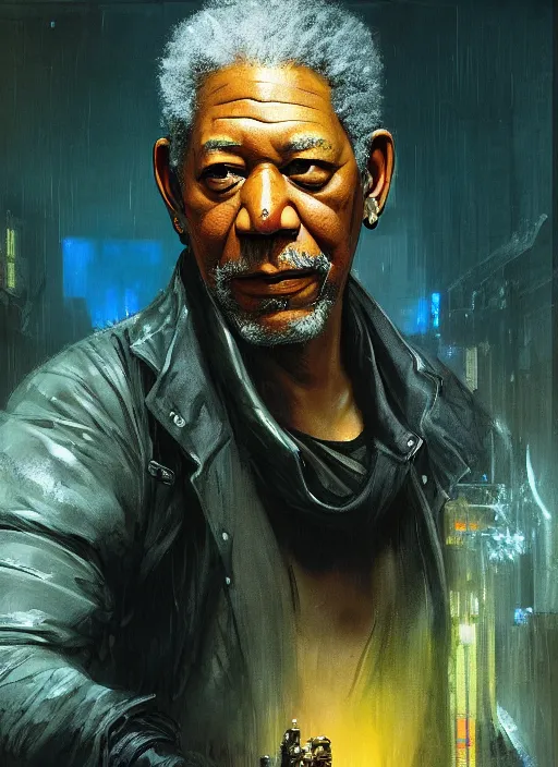 Prompt: Morgan Freeman. Cyberpunk assassin in tactical gear. blade runner 2049 concept painting. Epic painting by Craig Mullins and Alphonso Mucha. ArtstationHQ. painting with Vivid color. (rb6s, Cyberpunk 2077, matrix)