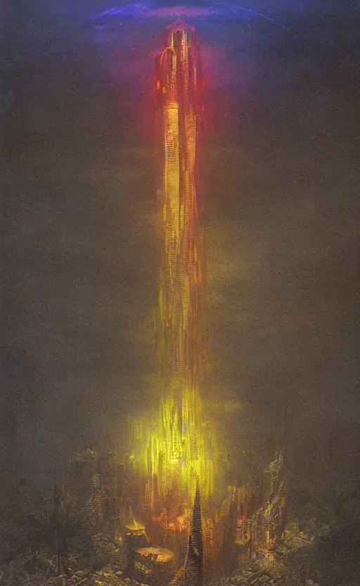 Image similar to warhammer 4 0 k rainbow golden dark eldritch monument with strange cyberpunk glowing symbol rising from a futuristic city into the sky by beksinski, high detail hyperrealistic