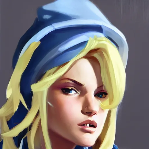 Image similar to greg manchess portrait of a beautiful girl with blonde hair, wearing a blue hoodie, as an overwatch character, medium shot, asymmetrical, cinematic lighting, sharp shadows, profile picture, organic painting, matte painting, bold shapes, hard edges, street art, trending on artstation, by huang guangjian and gil elvgren and sachin teng