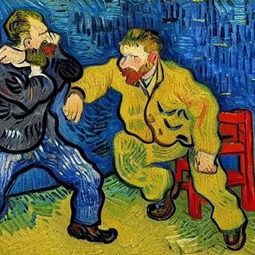 Image similar to people fighting at real estate auction, painting by van gogh