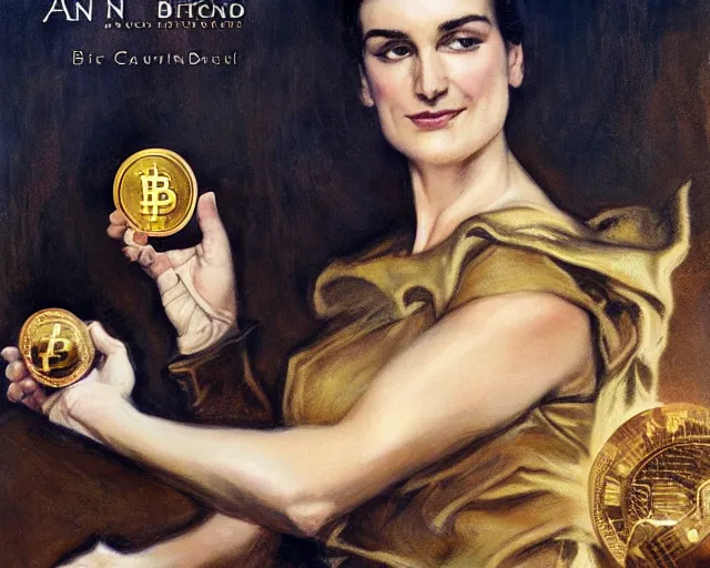 Prompt: ayn rand holding a golden bitcoin, commerial by annie liebovitz, gaston bussiere, craig mullins, j. c. leyendecker