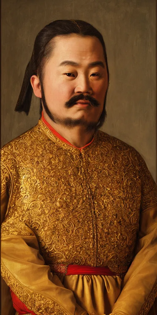 Image similar to Highly detailed and cinematic Renaissance period portrait oil painting Kublai Khan, an oil painting ((masterpiece)) by ((Josep Tapiró Baró)), dynamic lighting, 8K