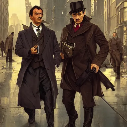 Prompt: [UHD Sherlock Holmes and Watson as GTA characters on the streets of futuristic cyberpunk London, correct faces, intricate, elegant, graphic detail, digital painting, trending on artstation, concept art, tonalism, sharp focus, illustration, art by Miguel Vasquez and Greg Rutkowski and Alphonse Mucha]