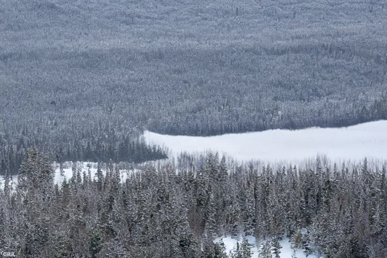 Prompt: long distance photo of snowy shrek range rising from swampy plains