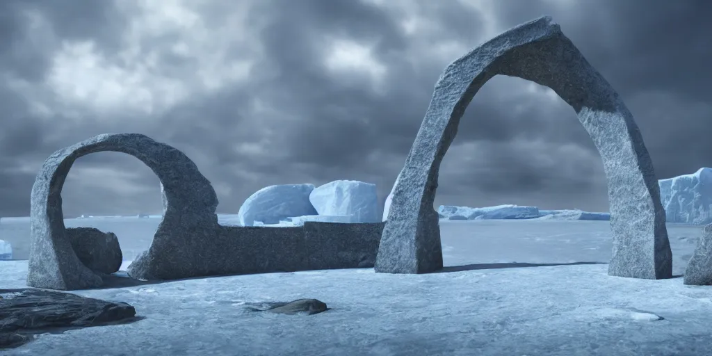 Image similar to a circular stone stargate in antarctica, intricate, octane render, photorealistic, matte painting, high definition, stormy clouds, scifi