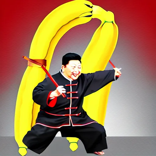 Image similar to Chinese president, battle, bananas weapon, dragon, mountains background, fighting stance, painting