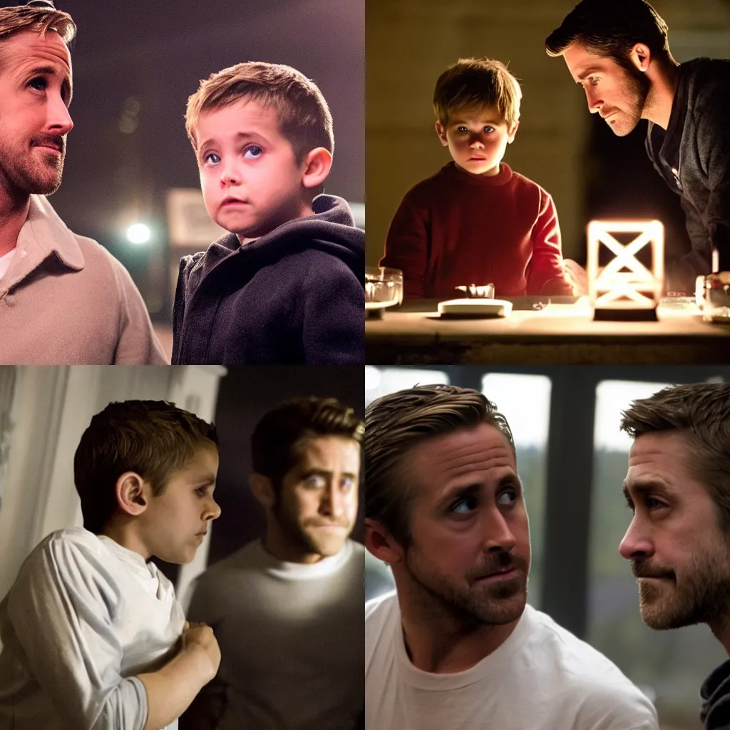 Prompt: Ryan Gosling and Jake Gyllenhaal's son, film still, dramatic lighting,