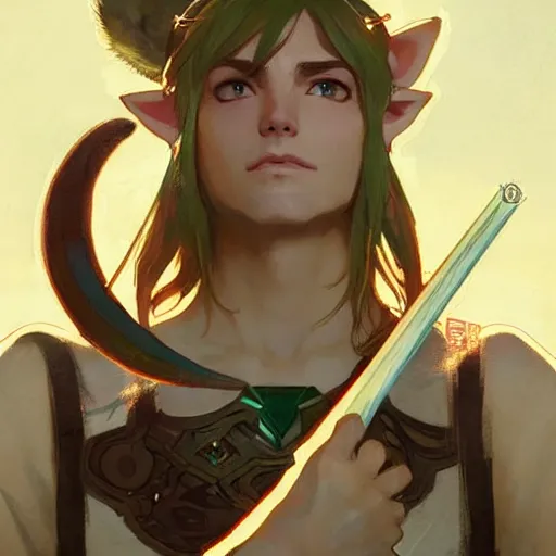 Prompt: Stunning portrait of Link from the Legend of the Zelda with cat ears. Art by Greg Rutkowski and Alphonse Mucha