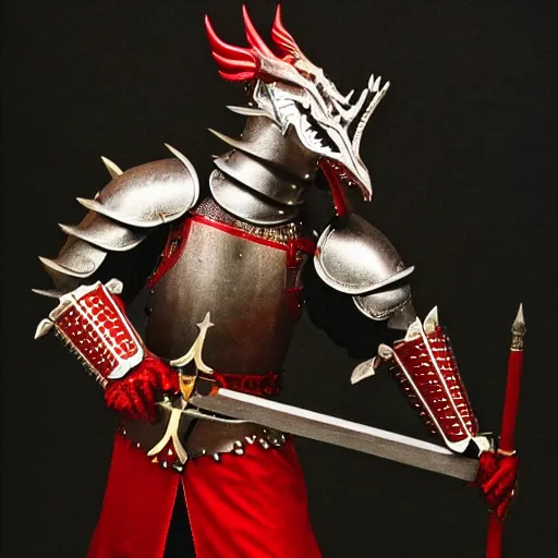 Image similar to a knight wearing full red armor, in the style of a dragon, spikes, wielding a whip,