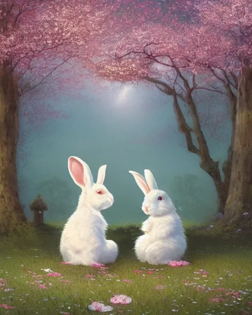 Image similar to ink on paper portrait of two white bunnies, super realistic, highly detailed, rule of thirds, in colorfull kimonos in the foreground of a surreal environment with cherry blossoms, volumetric light, dof, by greg rutkowski and michael whelan