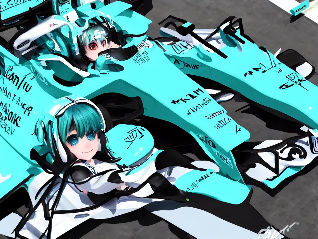 Image similar to hatsune miku driving an f 1 racecar photorealistic high resolution