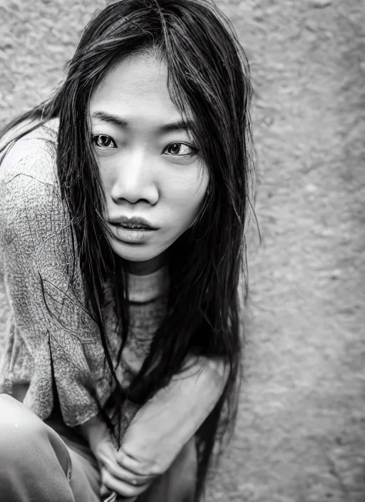Prompt: Mid-shot portrait of a very beautiful 20-years-old woman from Indonesia, with long hair, candid street portrait in the style of Mario Testino award winning, Sony a7R