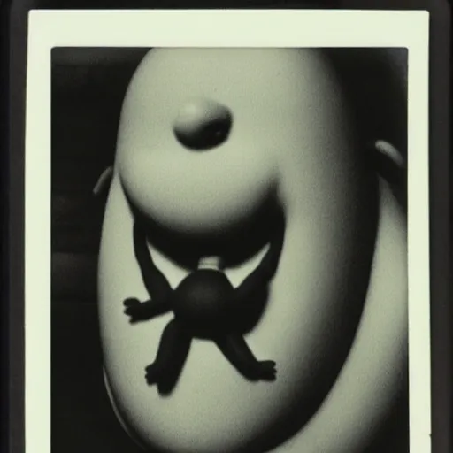 Prompt: a black and white polaroid photo of [ a homunculus with a nose for a head and a chubby body ], by robert crumb, by jim henson, by gary baseman, high contrast, soft lighting, surreal, film photography