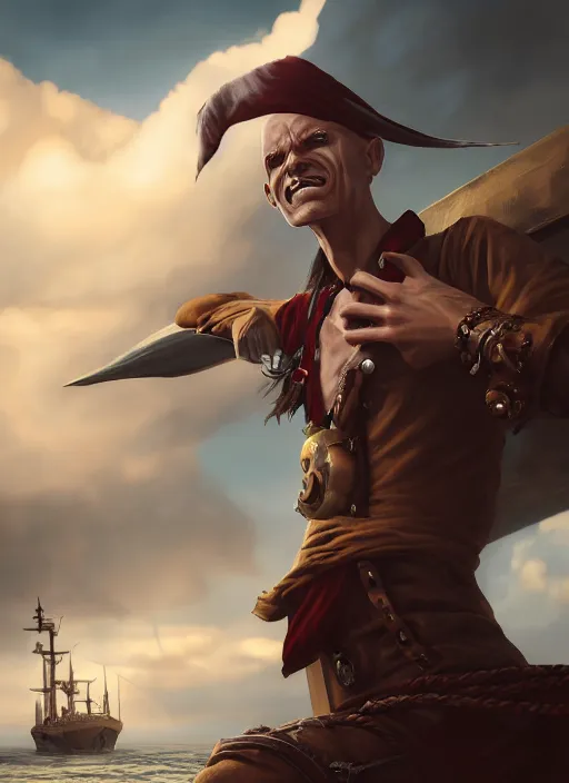 Image similar to An epic fantasy comic book style portrait painting of a skinny white bald sky-pirate with a goofy expression sitting in front of a ship's cannon, unreal 5, DAZ, hyperrealistic, octane render, cosplay, RPG portrait, dynamic lighting