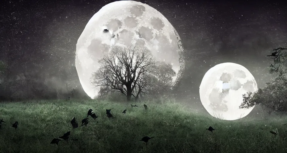 Prompt: fantasy landscape of a forest full of crows and the big moon in the background, dark color-theme, cinematic, science-fiction art wallpaper, stunning digital art