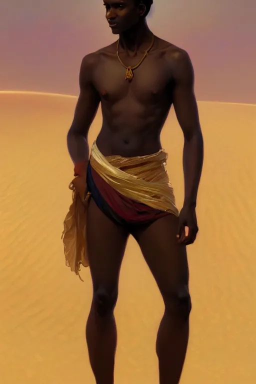 Image similar to full figure beautiful young fit dark skin man, dressed with multicolored fluent clothes, luminous scene, by greg rutkowski and alphonse mucha, d & d character, gradient white to gold, in front of a dune desert background, highly detailed portrait, digital painting, artstation, concept art, smooth, sharp focus illustration, artstation hq