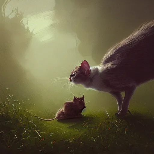 Prompt: hybrid of mouse and cat, half cat - half mouse, digital art, highly detailed, art by george stubbs, jakub rozalski, anton fadeev, james gurney