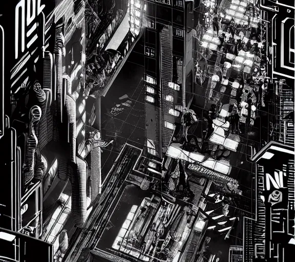 Prompt: a black and white illustration of a cyberpunk epic Friday night firefight in the style of MC Escher, Night City, cyberpunk 2077, 1979 OMNI Magazine Cover, street level neo-Tokyo in Cyberpunk 2045, 4k, 8k, HD, trending on artstation