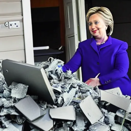 Image similar to a candid photo of hillary clinton as she desperately tries, unsuccessfully, to shred a large stack of laptops.