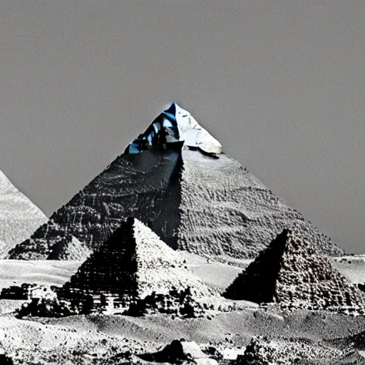 Prompt: Never before seen photo of the great pyramids of Giza on the moon, 1956 photo, black and white