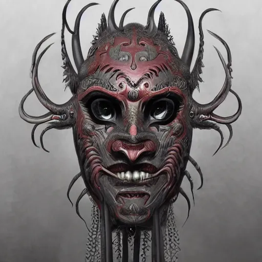 Image similar to a portrait of demon venetian mask, tribal features, in the style of zdzisław beksinski and junji ito, trending on artstation deviantart pinterest furaffinity detailed realistic hd 8 k high resolution