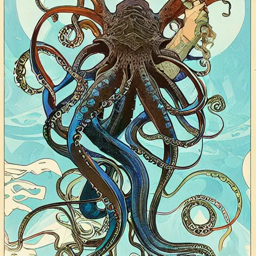 Image similar to tentacles beast octopus abysmal creature art by ashley wood, alphonse mucha, makoto shinkai, geof darrow,