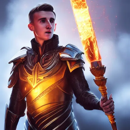Prompt: Noble Mason Mount wearing metal armour holding a glowing fire magical staff. Trending on Artstation octane render ultra detailed art by Ross tran