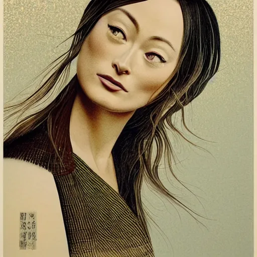 Image similar to “ olivia wilde portrait by ikenaga yasunari and ayana otake and ko rakusui, 6 0 s poster, drawing, realistic, sharp focus, japanese, dreamy, nostalgia, faded, golden hues, floral clothes ”