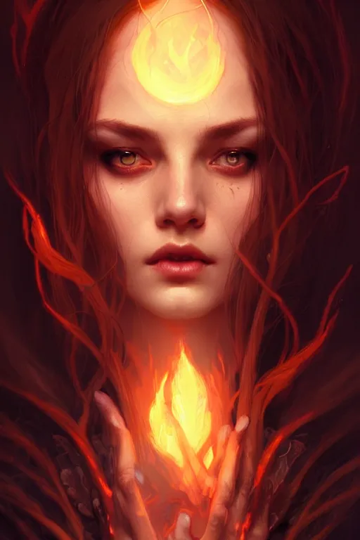 Prompt: a burning witch closeup filled background around face, fantasy magic, undercut hairstyle, dark light night, intricate, elegant, sharp focus, illustration, highly detailed, digital painting, concept art, matte, art by wlop and artgerm and greg rutkowski and alphonse mucha, masterpiece