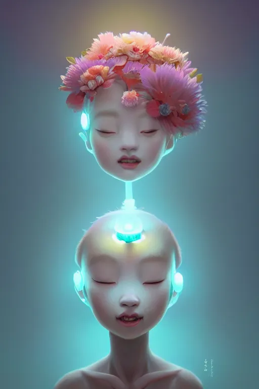 Prompt: super cute Bioluminescent Flower deity character concept, single head, no double head, soft light, soft mood, realistic body features and face, illustration, painting oil on canvas by Elena Zhurikhina and Goro Fujita and Charlie Bowater, octane render trending on artstation, 4k, 8k, HD