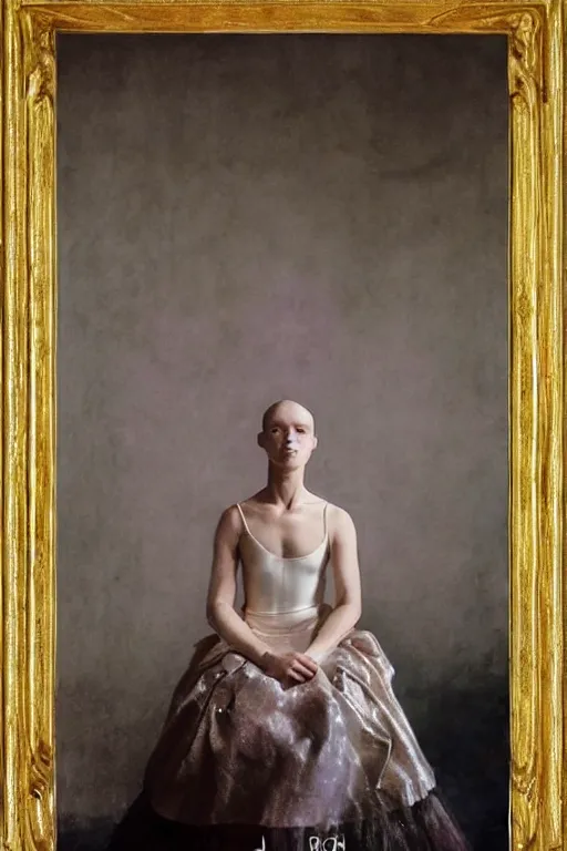 Image similar to hyperrealism fashion portrait girl in a ballet dress sits on a silk cloth by Roversi photo from The Holy Mountain by Alejandro Jodorowsky in style of Francisco Goya