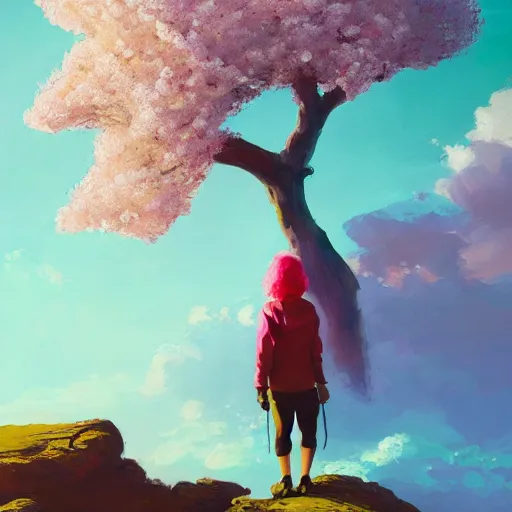 Image similar to giant cherry blossom as a head, girl hiking in a canyon, surreal photography, sunrise, dramatic light, impressionist painting, colorful clouds, digital painting, artstation, simon stalenhag