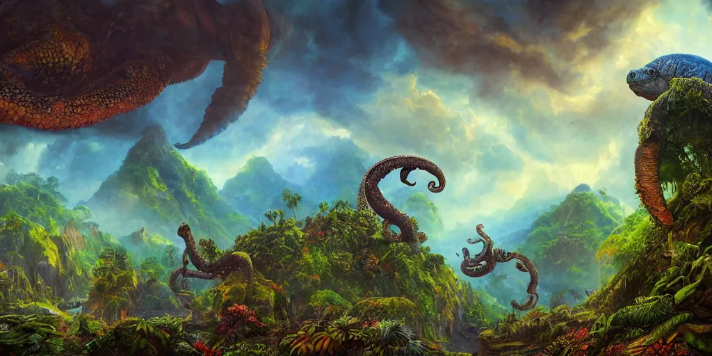 Image similar to fantasy oil painting, great leviathan, turtle cephalopod terrapin reptilian pachyderm amphibian hybrid, epic natural light, lush plants flowers, rainforest mountains, bright clouds, luminous sky, outer worlds, cinematic lighting, michael whelan, michael cheval, vray, 8 k hd