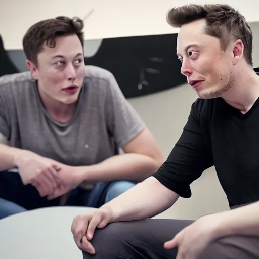 Image similar to A portrait photo of Elon Musk teams up with a teenage Elon Musk, perfect faces, 50 mm, award winning photography