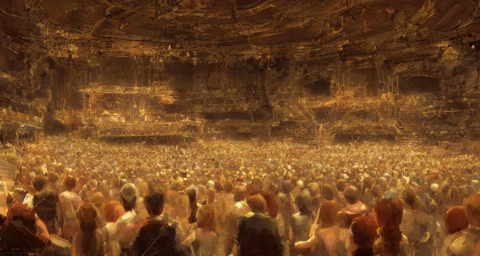 Image similar to craig mullins and ghibli digital art of inside the grand theater, audience, on the stage, masked female violinists, exotic costumes, gold jewelry, black hair, solo performance unreal engine, hyper realism, realistic shading, cinematic composition, realistic render, octane render, detailed textures, photorealistic, wide shot