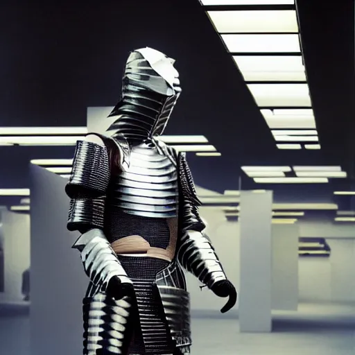 Prompt: a paladin wearing issey miyake armor in a computer shop, portrait, fashion photography, by mario testino, davide sorrenti, jemal shabazz