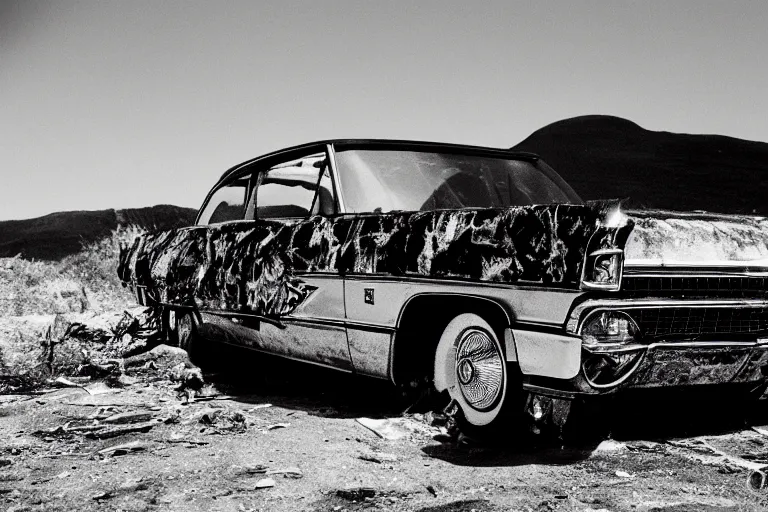 Prompt: Chevrolet Cadillac rolling down a mountain engulfed in flames, wide shot, 120 black and whit film