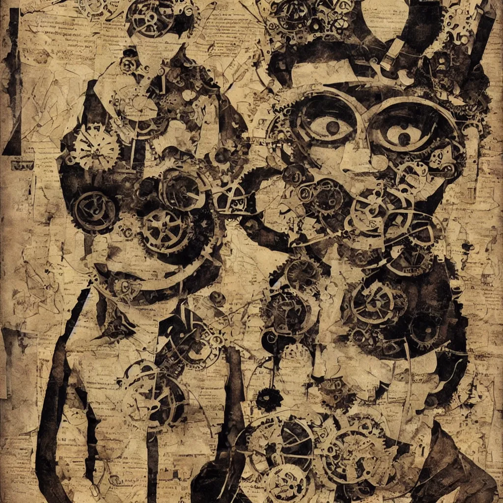 Image similar to steampunk boy with a super detailed and intricate mask, collage in the style of hannah hoch