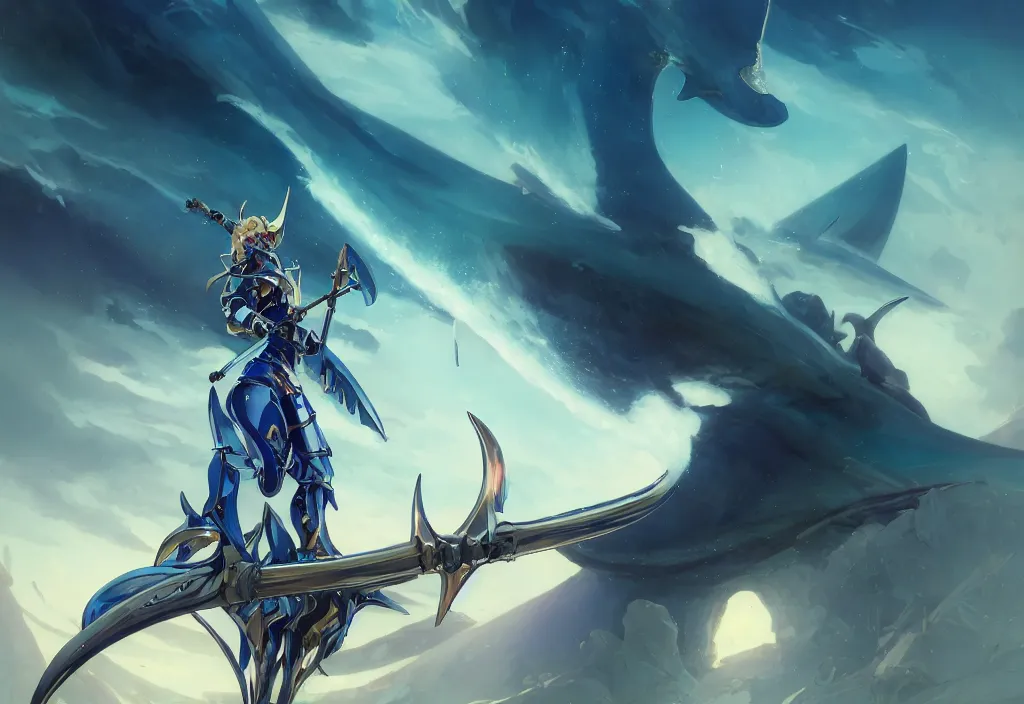 Prompt: close up of a extremely beautiful and aesthetic mech armor witch holding a symmetrical trident, perfect face, symmetrical eyes, back shark fin, horizon, model pose, slightly smiling, blue sky, big wave, big blade whale fighting against big giants minotaurus, epic scene, bright color fantasy illustrations, by peter mohrbacher and makoto shinkai and ferdinand knab