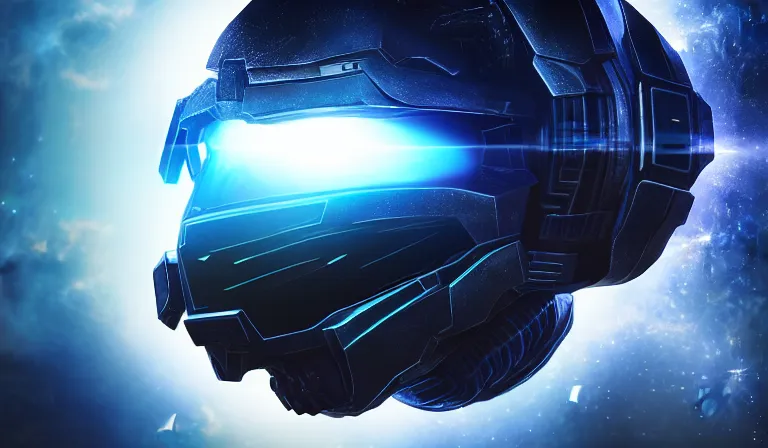 Image similar to cyberpunk halo helmet floating in space with reflections, epic, dramatic, photorealistic, award winning, 8k,