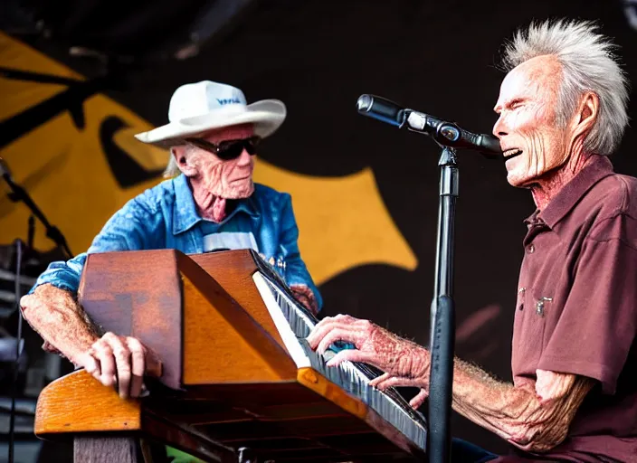 Image similar to photo still of clint eastwood on stage at vans warped tour!!!!!!!! at age 6 8 years old 6 8 years of age!!!!!!!! playing a piano on fire, 8 k, 8 5 mm f 1. 8, studio lighting, rim light, right side key light