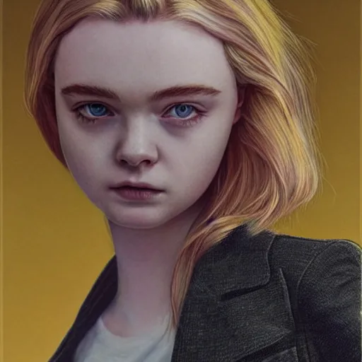 Prompt: a striking hyper real illustration of Elle Fanning by Antoine Caëcke