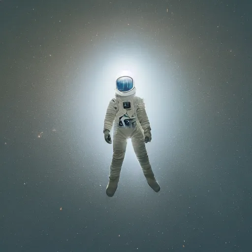 Image similar to photograph of an astronaut in space, singular light source from below, earth only visible below, full body photo, amazing light and shadow contrast, 8 k