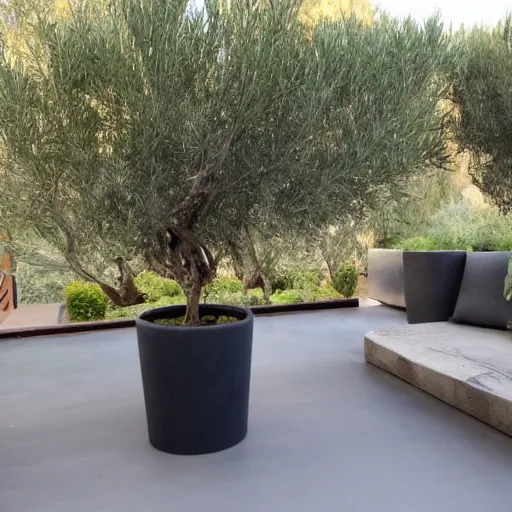 Image similar to large concrete pot on the rooftop, olive trees, comfortable for seating, wpc decking on the floor